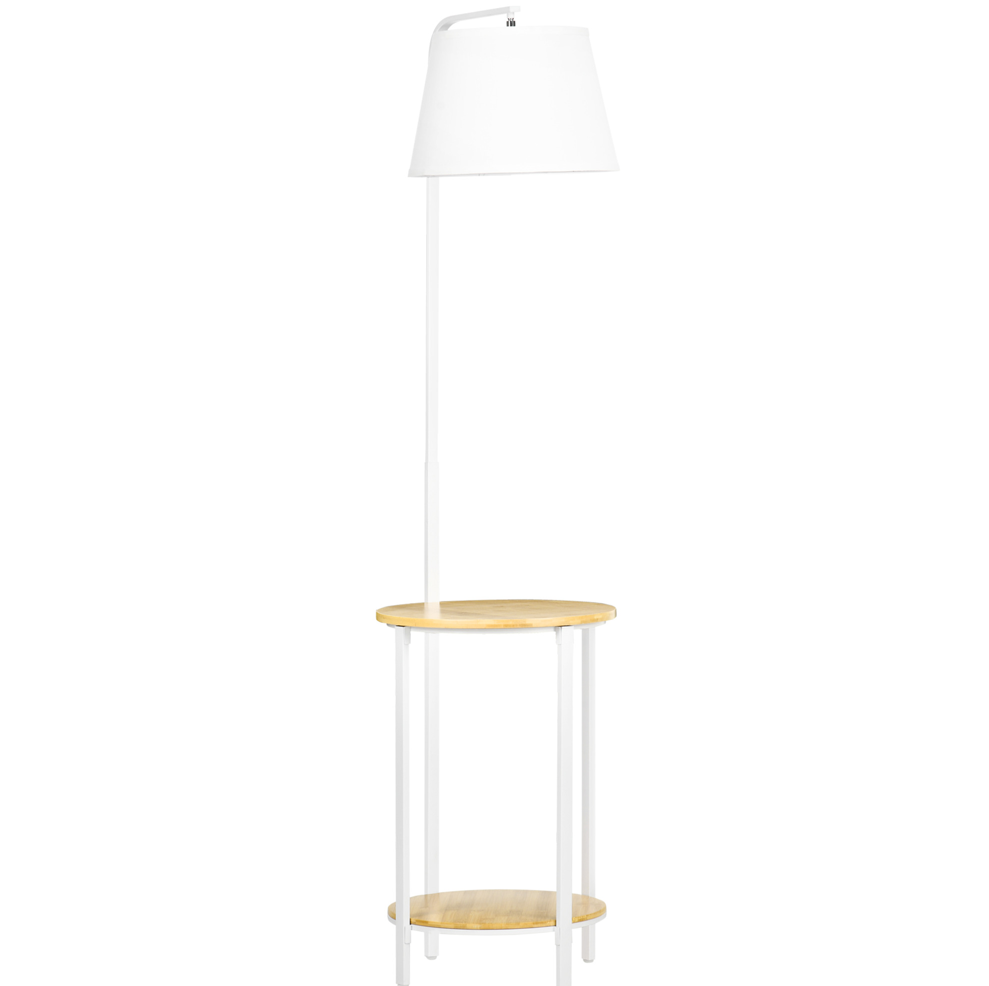 Stehlampe 162 Cm 40 W Mit 2 Ablagen, Leinenschirm Und Weißem Stahlgestell