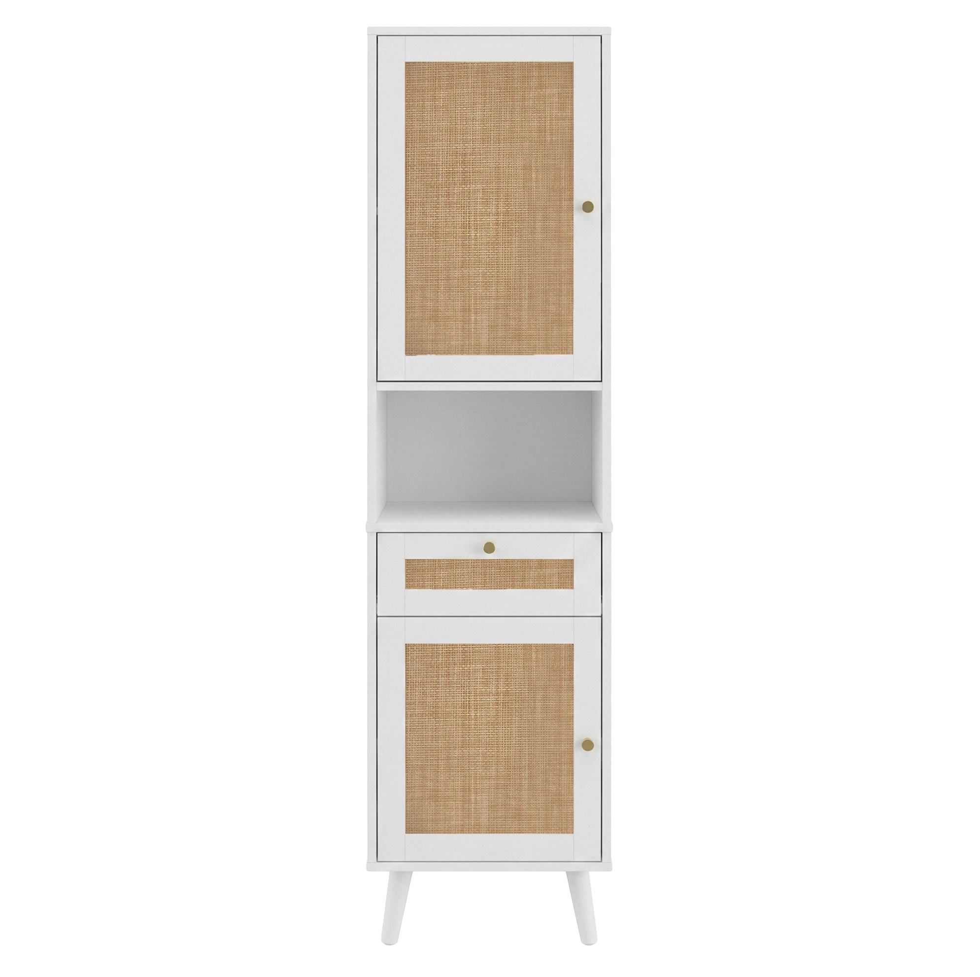 Hoher Badezimmerschrank 166 Cm Aus Weißem Mdf Mit Rattan-optik, Schublade Und Soft-close