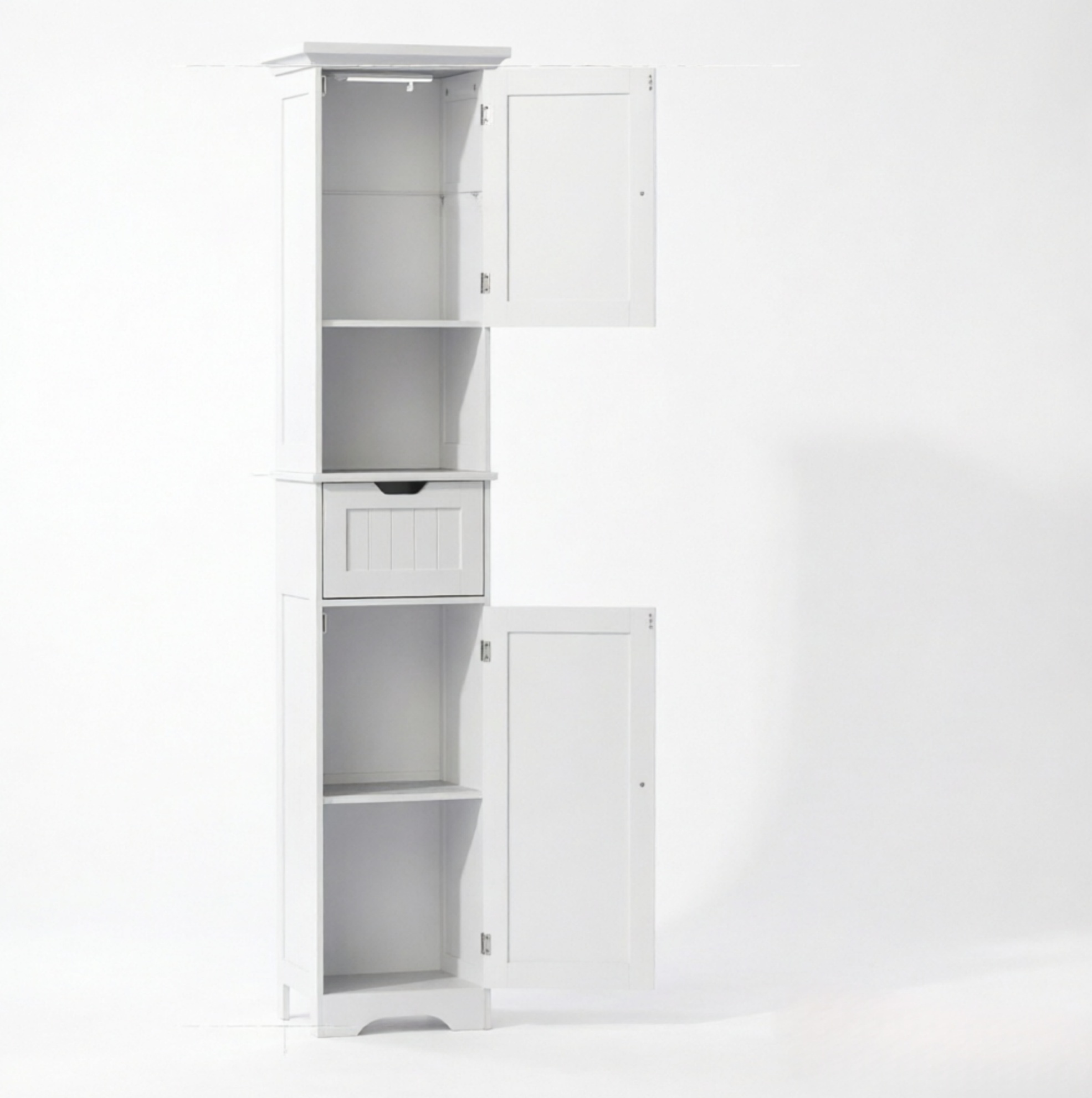 Hohes, Schmales Badezimmerschrank Mit Led, 2 Türen, Schublade Und Offenem Fach, Weiß, Mdf