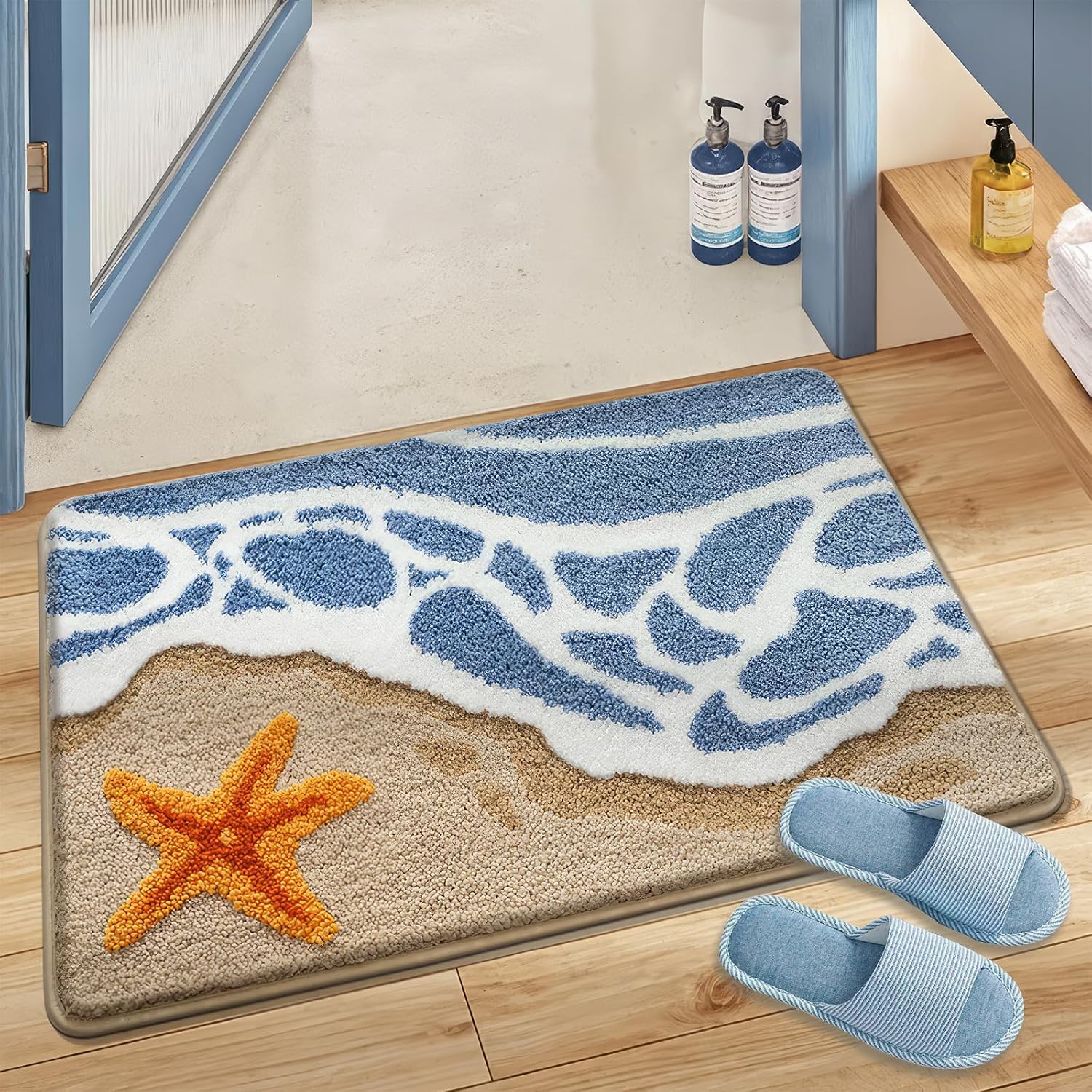 Plüsch-badematte Mit Strandmotiv, Seestern-antirutschmatte, Weiches, Saugfähiges Polyester, Maschinenwaschbar, 40 Cm X 60 Cm, Seestern
