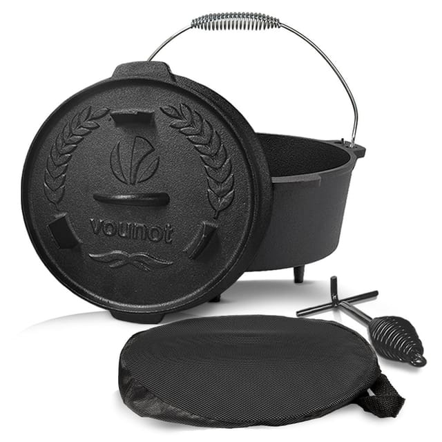 Bbq Dutch Oven Feuertopf Gusseisen 4,25 Liter, eingebrannter Kochtopf Schmortopf mit Füßen Deckel Deckelheber - Vounot