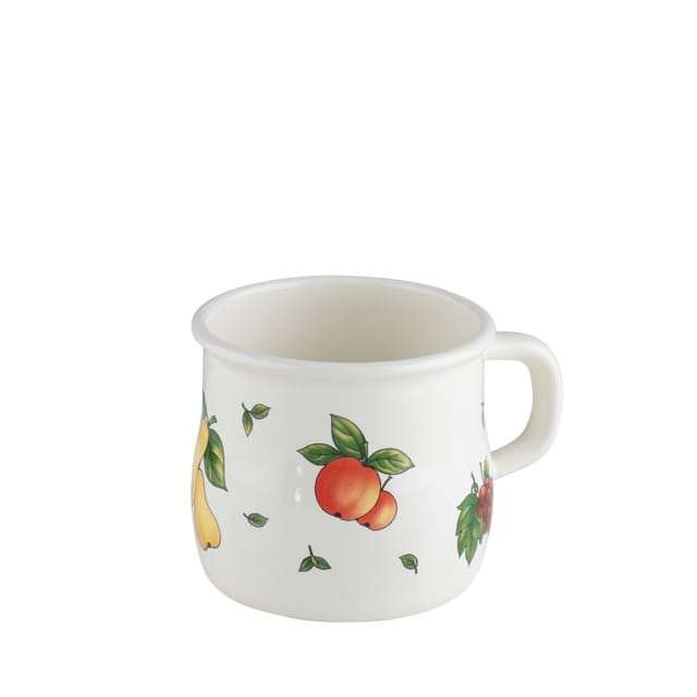 Riess Topf mit Bördel Becher gebaucht Ø8cm 3/8 Liter Emaille Country Fruit Garden