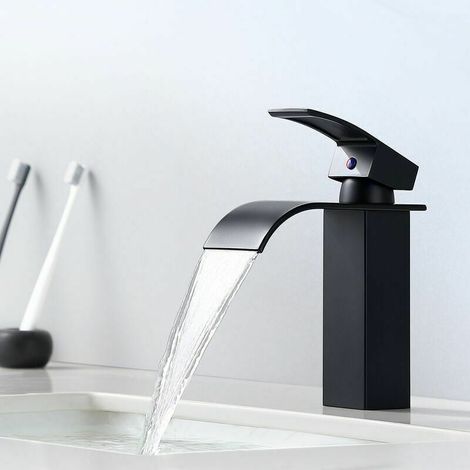 Auralum Einhebel-waschtischarmatur Mit Wasserfall-design, Moderne Schwarze Mischbatterie, Badezimmer-waschtischarmatur Für Aufsatzwaschbecken, Geeignet Für Unterbauwaschbecken