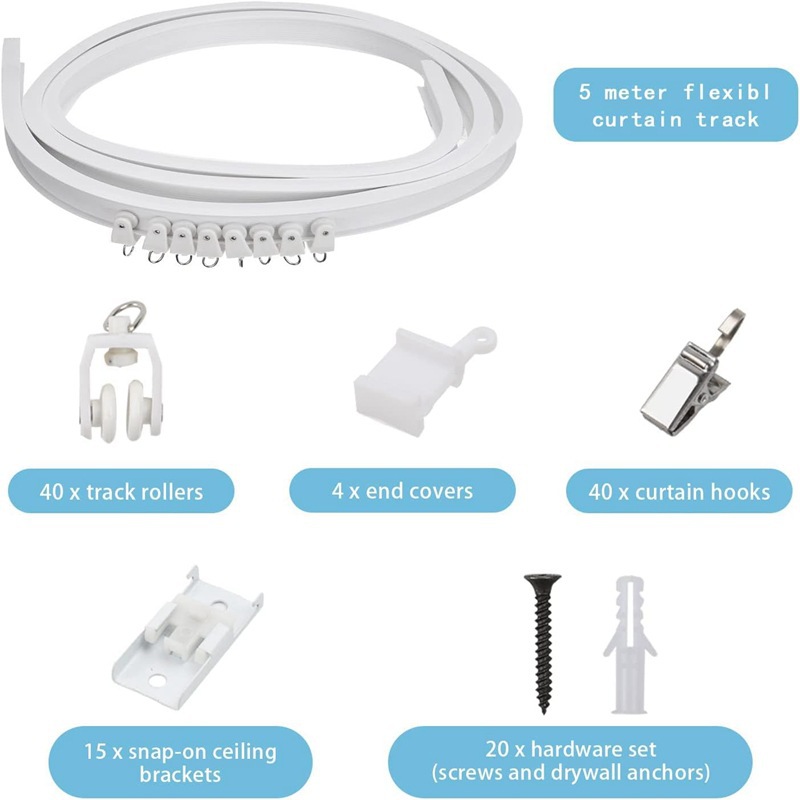 5 Meter Lange Gebogene Schiene, Satz Pvc-schiene, Geräuschlose Gleitschiene, Flexible U-förmige Kunststoff-stahl-bogenführungsschiene
