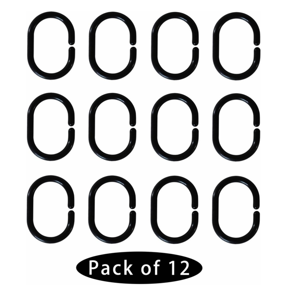 12-teiliges Set Schwarzer Duschvorhanghaken, Vorhanghaken, Türvorhangringe, Aufhängeringe, Offene Zugringe, Kunststoffzubehör