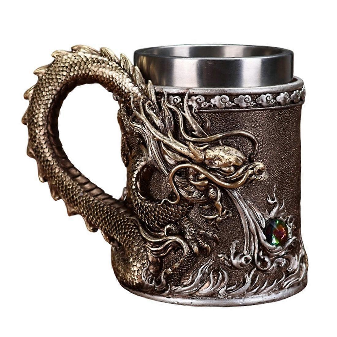 Mittelalterlicher Bier-/teekrug Aus Kupfergoldfarbenem Harz Mit Drachenmotiv, 500 Ml, Edelstahl 304.