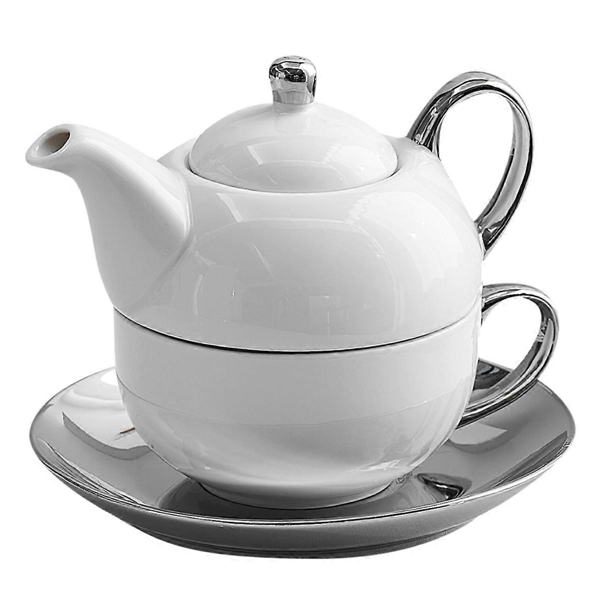 Einzelnes Weißes Keramik-teeservice Mit Henkel, Bestehend Aus Einer 450-ml-teekanne Und Einer 350-ml-kaffeetasse Mit Untertasse.
