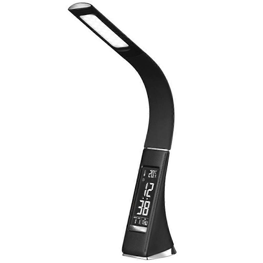 Led-schreibtischlampe, Dimmbar, Mit Kalender, Thermometer Und Wecker, Augenschutz, Ideal Für Büro, Schlafzimmer Und Studentenwohnheim, Schwarz.
