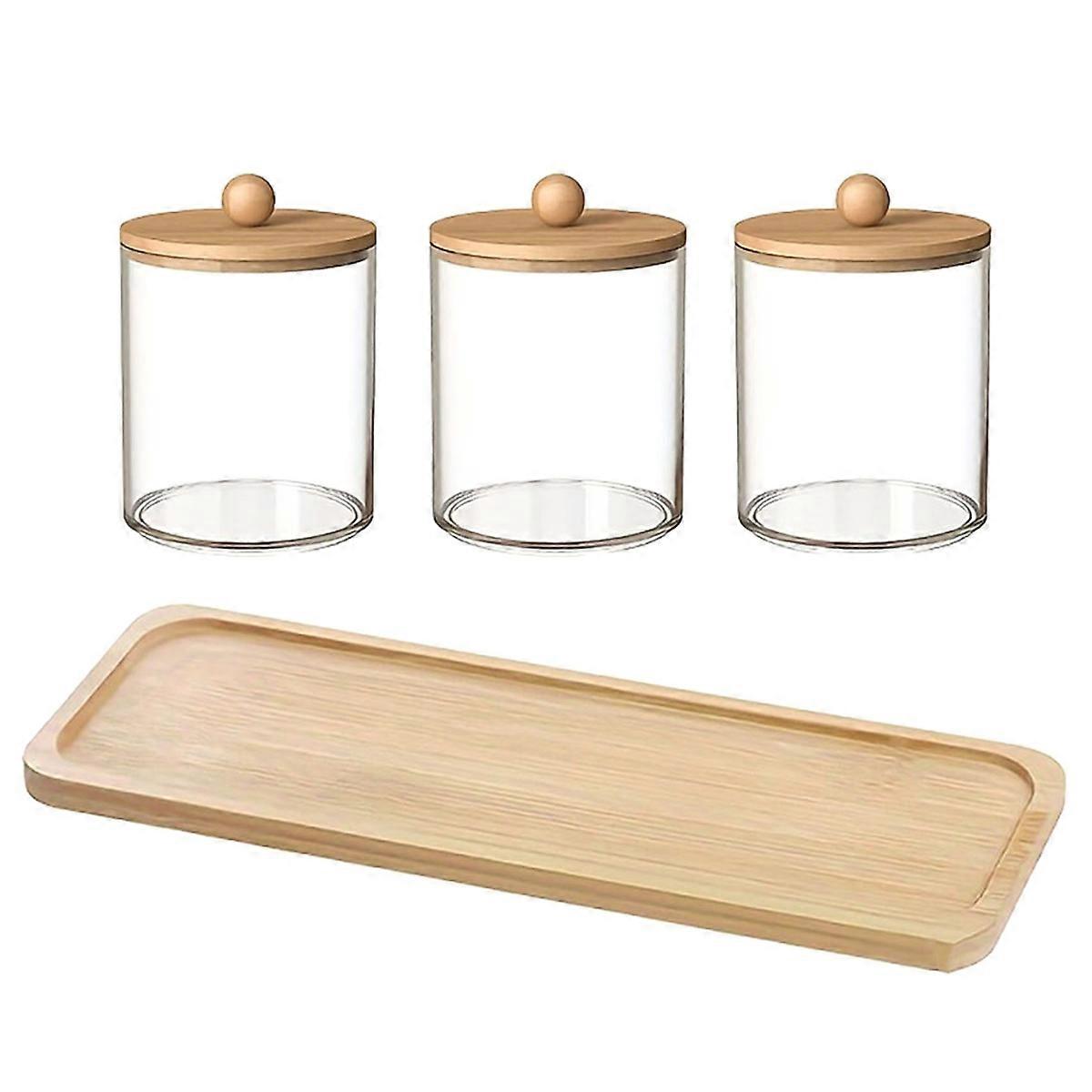 4-teiliges Set: 3 Halter Für Wattestäbchen/wattebällchen/tampons, 1 Bambus-schranktablett, 1 Apothekerglas Mit Bambusdeckel Und 1 Durchsichtiger Badezimmerbehälter.