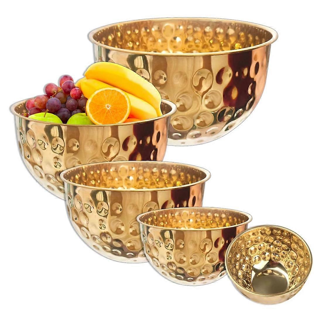Set Mit 5 Edelstahl-rührschüsseln In Gehämmertem Goldton Zum Kochen, Zubereiten Von Speisen, Backen Und Für Salate. Fassungsvermögen: 1,6 Bis 4,9 Liter.