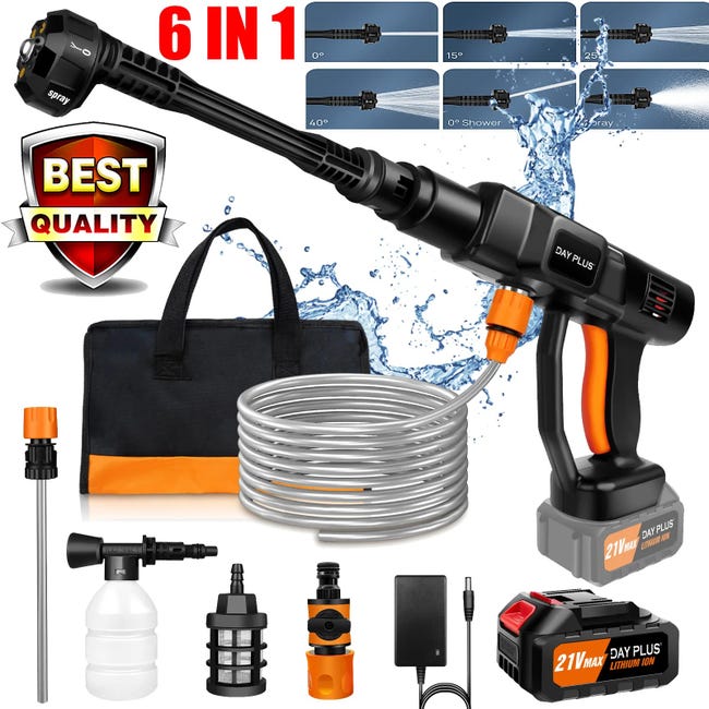 Laveur Haute Pression Sans Fil 45 Bars/652 Psi - 6 En 1 21v 3.0ah - Buse Multifonction & Tuyau 5m - Pour Voiture, Jardin & Maison