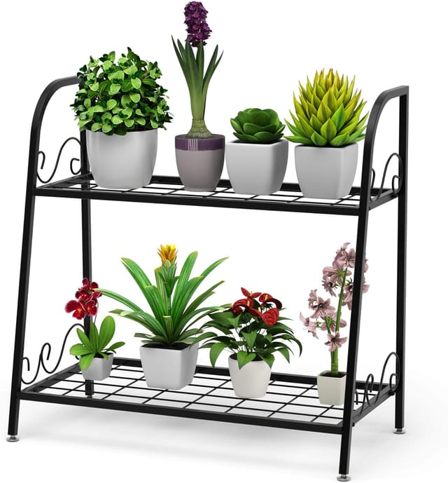 COSTWAY 2-stufiger Metall Pflanzenstaender, Blumenregal Multifunktionales Pflanzenregal Ausstellungsregal für drinnen & draussen, Pflanzregal für