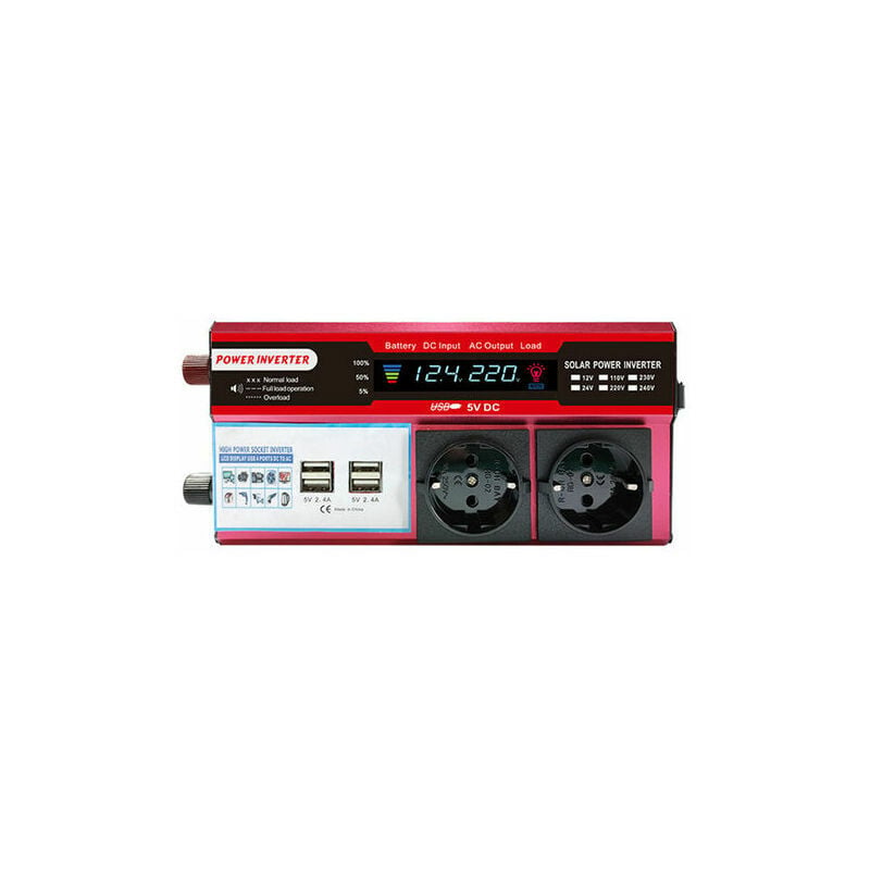 Onduleur Solaire Haute Efficacite Onduleur A Onde Sinusoidale Modifiee Maison Voiture Rv Convertisseur D'Energie Solaire Avec Ecran Lcd 1000w, Rouge