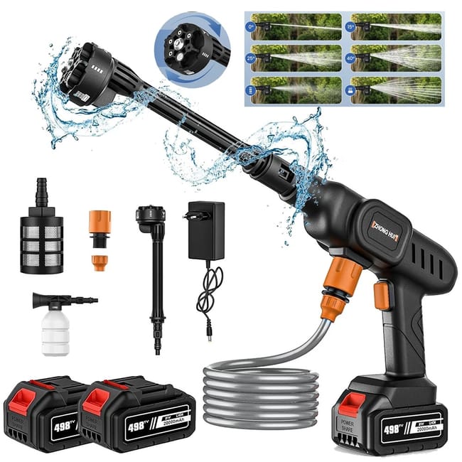 Nettoyeur Haute Pression Sans Fil 6-en-1 - 60 Bar 10l/min, Batterie 10000mah X2, Pour Voiture/jardin (30,000 Tr/min)