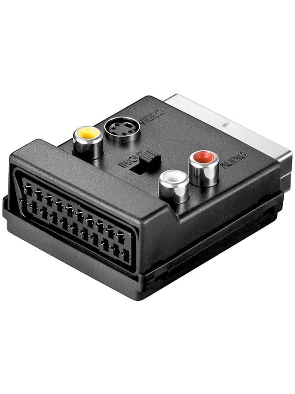 Scart zu Composite Video und S-Video Adapter, IN/OUT, mit Scart-Durchleitung, Scart-Stecker (21-Pin) Scartbuchse (21-Pin) + 3x Cinch-Buchse Mini-DIN