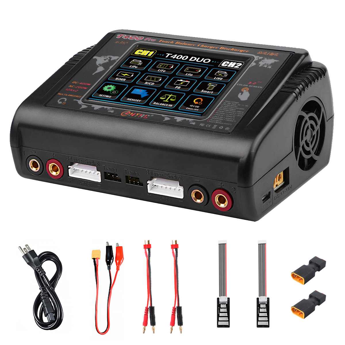 Chargeur Lithium-ion Avec Écran Tactile Htrc T400 En Deux Voies Ac 200 W Dc 400 W 12 A Pour Lipo/li-ion/life/nicd/nimh/lihv/pb Smart Rc Batterie Voiture
