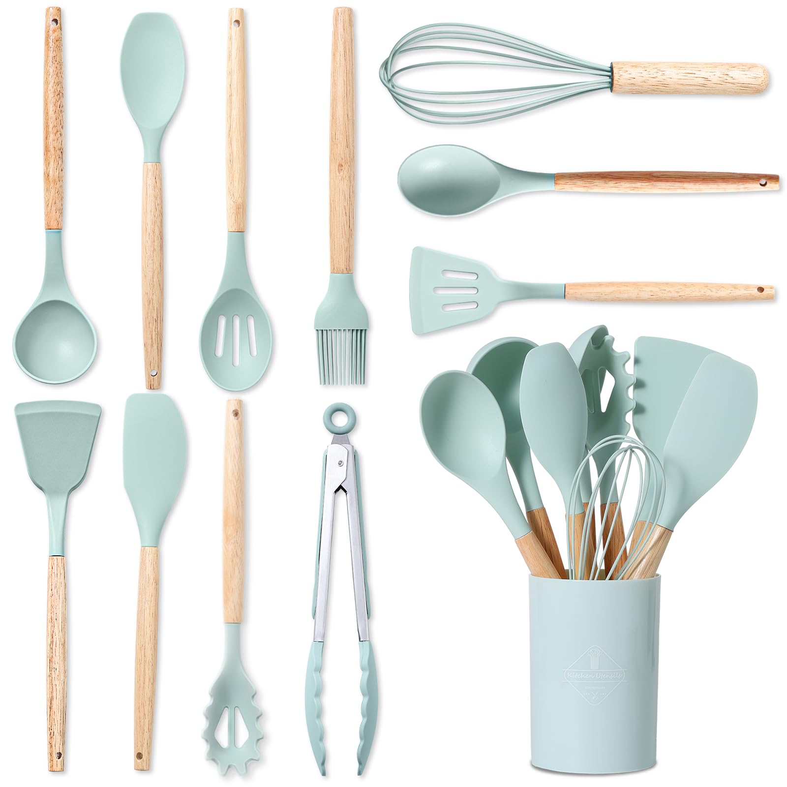 12 Ensemble Ustensiles De Cuisine Silicone - Set Ustensile Cuisine En Silicone Et Manche Bois, Résistants À Chaleur Et Antiadhésifs - Cuisine Accessoires Pour Tous Batteries De Cuisine (vert)
