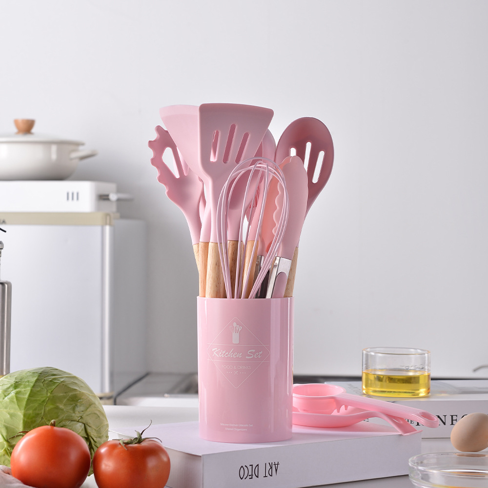 Wooden Handle Silicone Kitchenware Set 12 Piece Bucket Set Pink