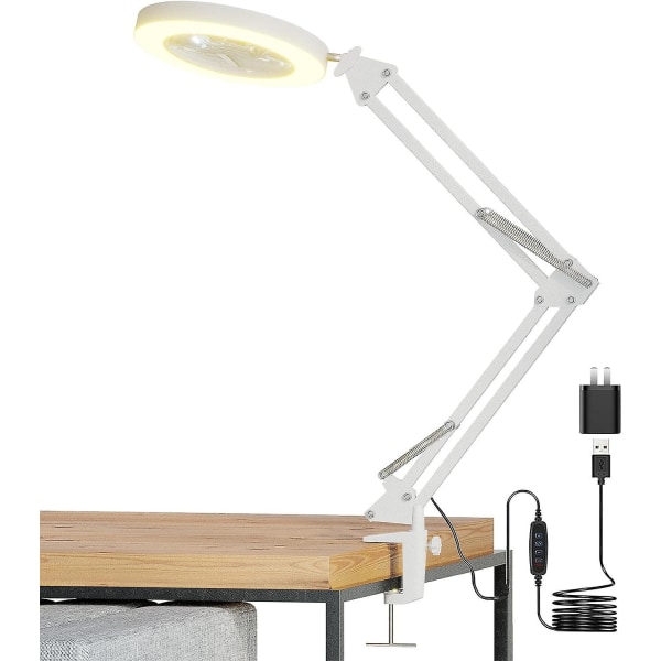 Loupe Grossissante 5x Avec Lampe À Clip, 3 Modes De Couleur, Intensité Lumineuse Réglable En Continu, 72 Led, Lentille En Verre Véritable, Lampe Et Support Inclus.