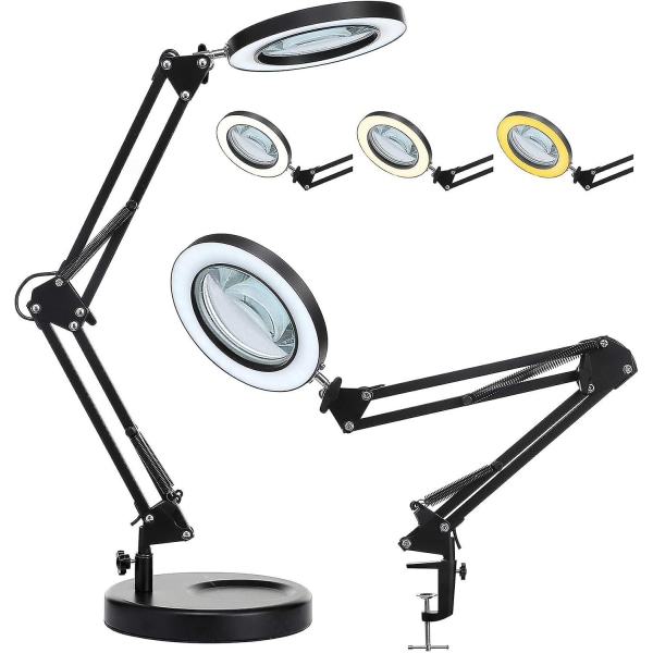 5x Förstoringsglas Med Ljus Och Stativ, 2-i-1 Äkta Glas Förstoringsglas Bordslampa Med Klämma, 3 Färglägen, Steglös Dimbar Förstoringslampa För
