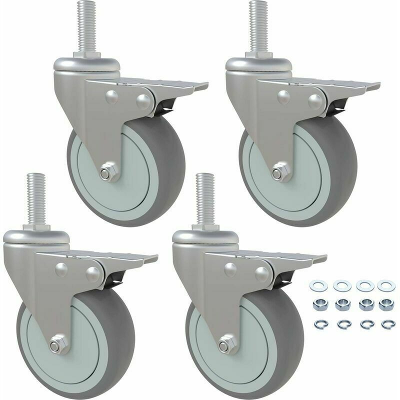 Roulettes, Roulettes En Caoutchouc De 7,6 Cm (3 Po), Ensemble De 4, Roulettes Industrielles À Tige Filetée M12 X 30 Mm (1-3/16 Po), Roue Pivotante À Double Verrouillage Robuste De 363 Kg (800 Lb), De