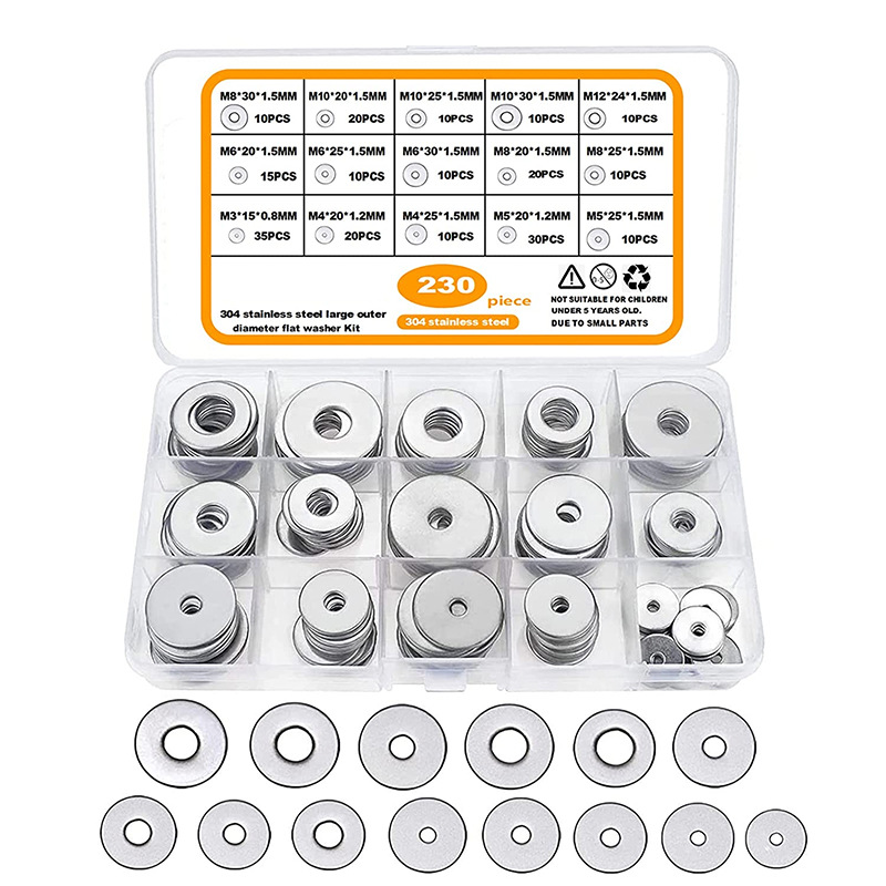 230 Pièces Grandes Rondelles D’aile En Acier Inoxydable, 15 Tailles De Rondelles Plates Kit D’assortiment Pour L’assemblage De Navires De Voiture
