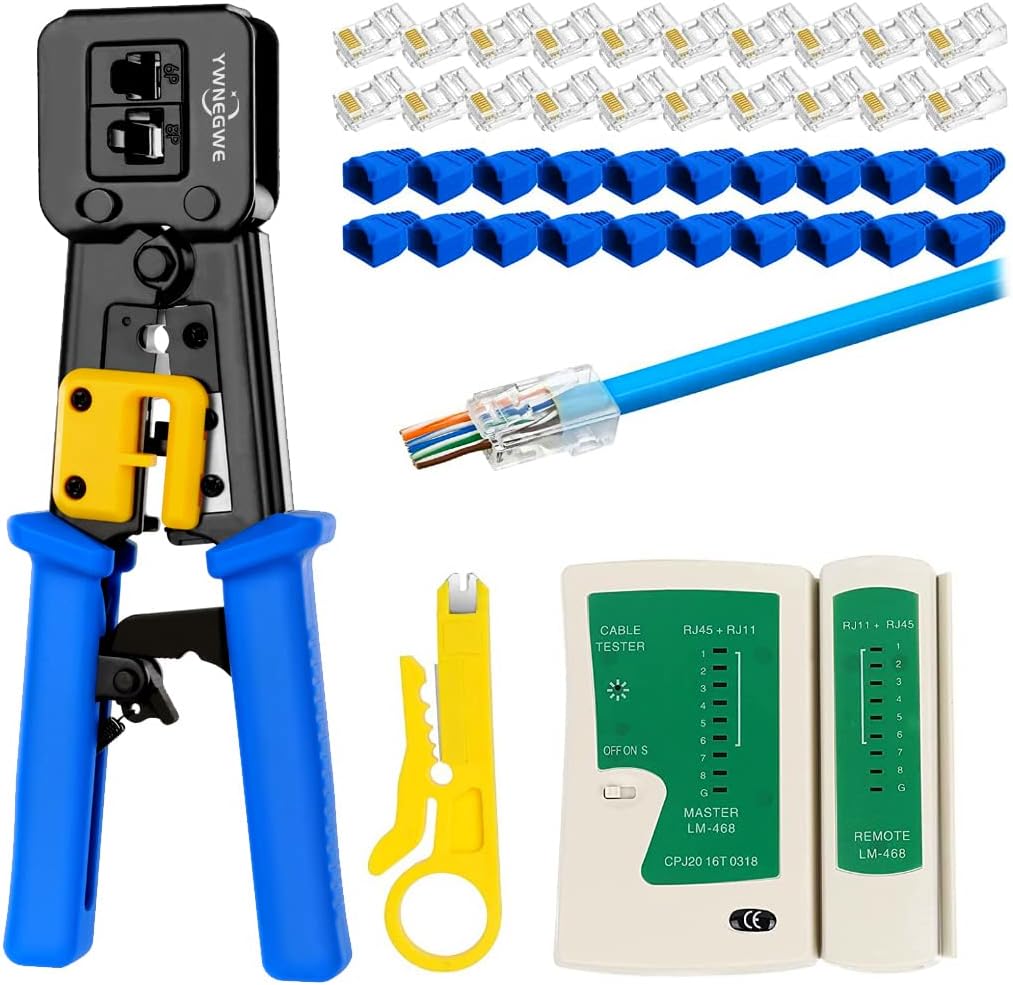 Testeur De Câble + Outil À Sertir Rj45 Pour Passer À Travers Cat6 Cat5e Cat5 Outil À Sertir Pour Rj45/rj11 Standard, 50 Connecteurs Cat5 Cat5e