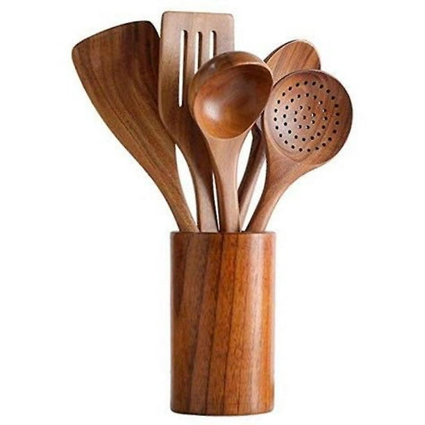 Dww-ustensiles De Cuisine En Bois Avec Rservoir De Rangement - Set De 6 Ustensiles De Cuisine En Bois Avec Rservoir - Set De Vaisselle En Teck Facile