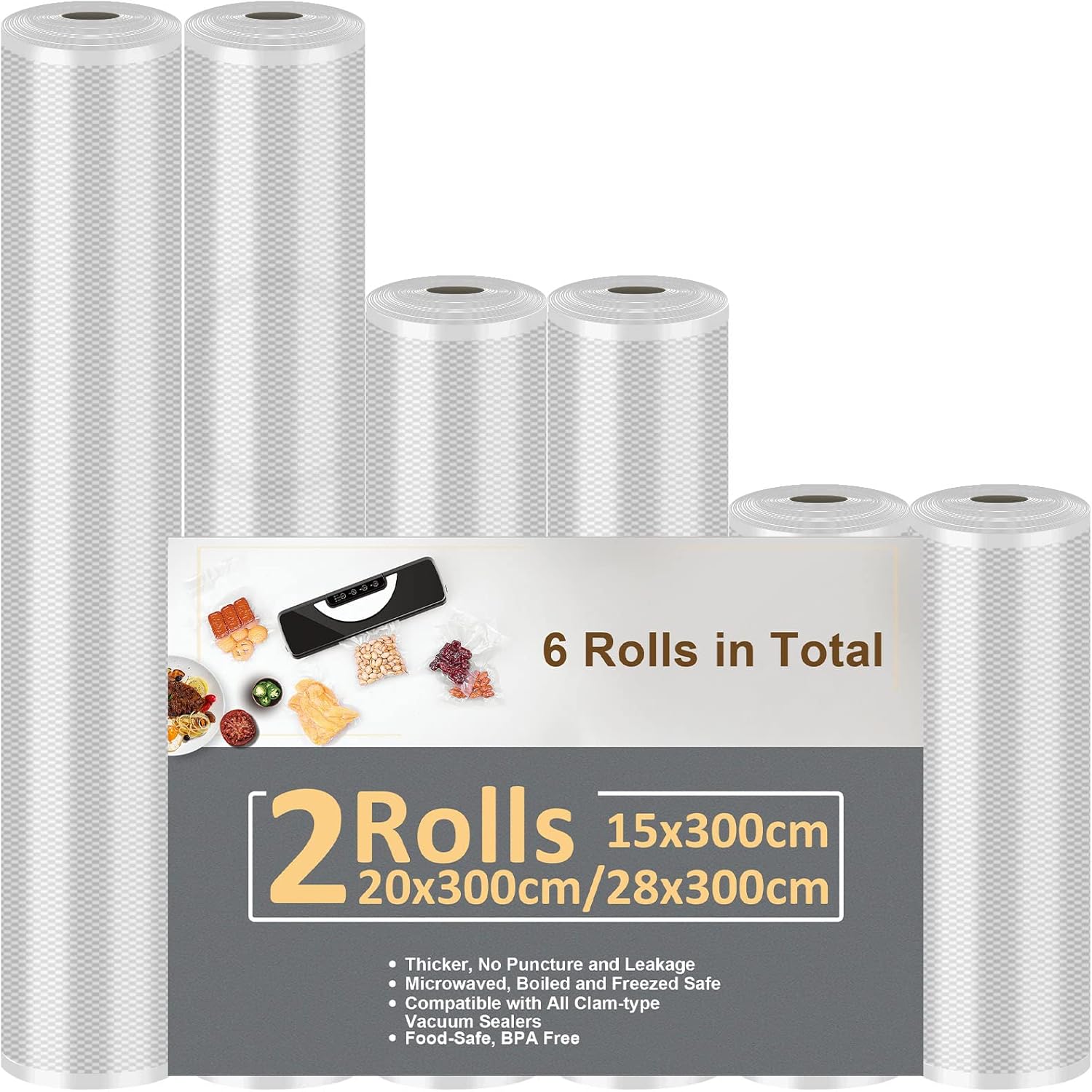 Rouleau Sous Vide Alimentaire, 6 Packs Sac Sous Vide Alimentaire, Convient À Tous Machine Sous Vide, 28 X 300cm, 20 X 300cm, 15 X 300cm
