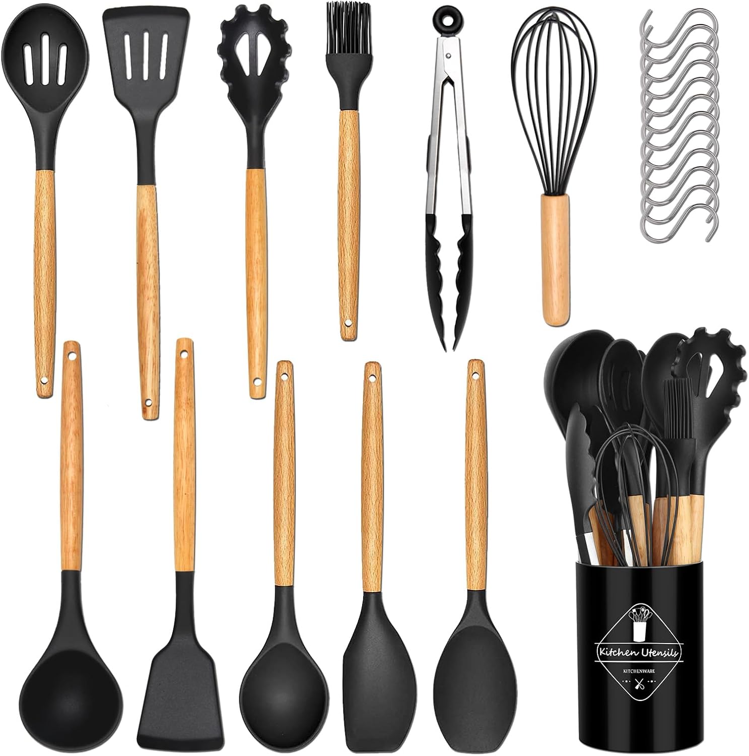 Ensemble De 24 Ustensiles De Cuisine, Couverts, Manche En Bois, Résistants À La Chaleur, Sans Bpa, Antiadhésifs
