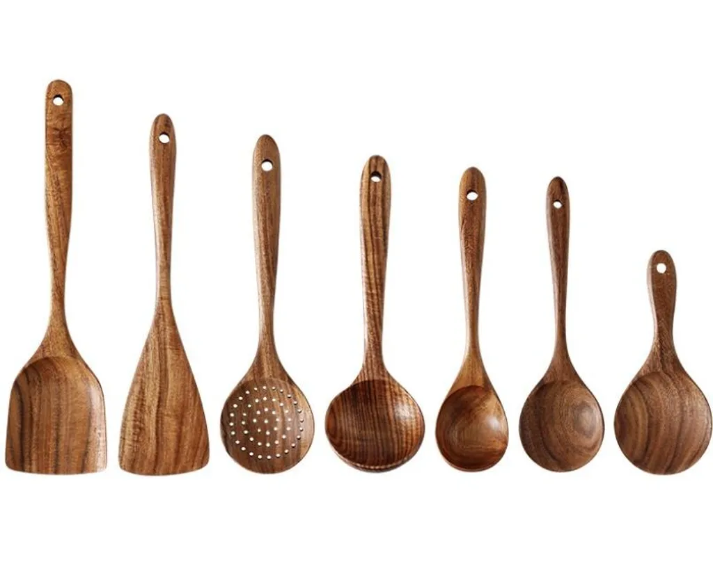 Ensemble De 7 Ustensiles De Cuisine En Bois, Grands Ustensiles De Cuisine Pour Poêles Antiadhésives, Ustensiles De Cuisine En Bois, Ensemble D'Accessoires De Cuisine En Bois