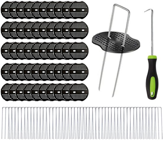 100-delige Tuinpinnen - Tuinpinnen - Gazonpinnen - Bevestigingspinnen - Plastic Ringen - Inclusief 50 U-vormige Pinnen, 50 Ringen En 1 Pinhaak - Geschikt Voor Het Vastzetten Van Gazons, Graszoden, Ten