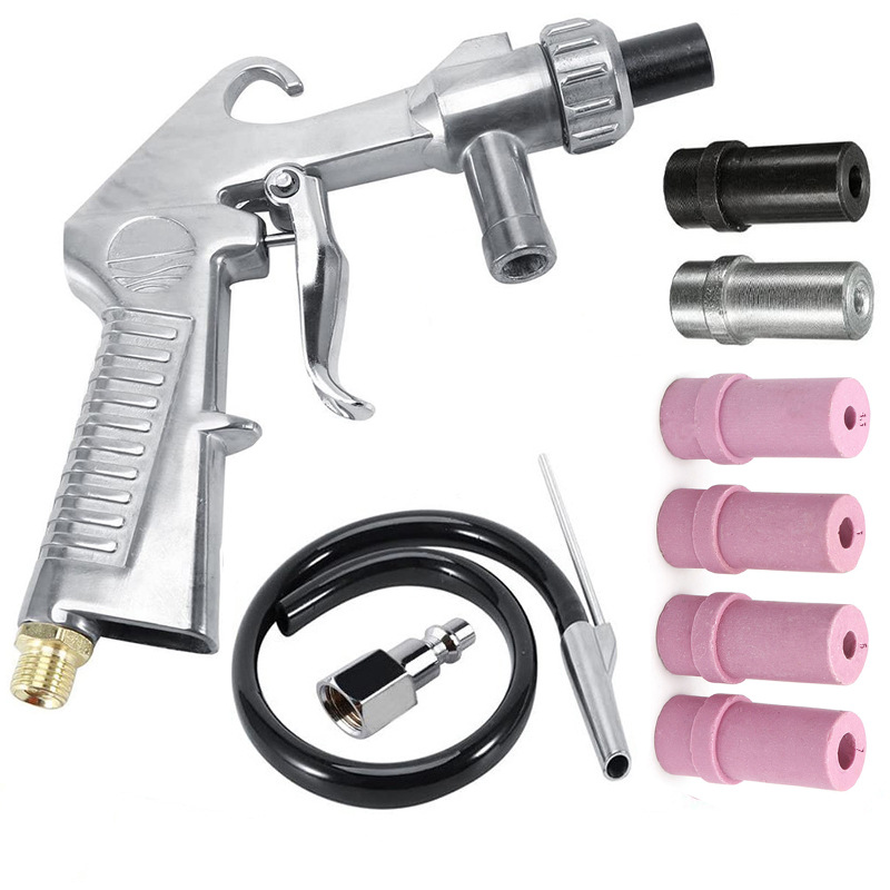 Pistolet Sablage Air Comprimé Sandblaster Avec Tuyau D'Alimentation De 1 M, Pistolet À Sable Sand Blaster Avec 3 Buse De 6mm De Céramique, Métallique Blanche Et Noire, Un Raccord D'Air