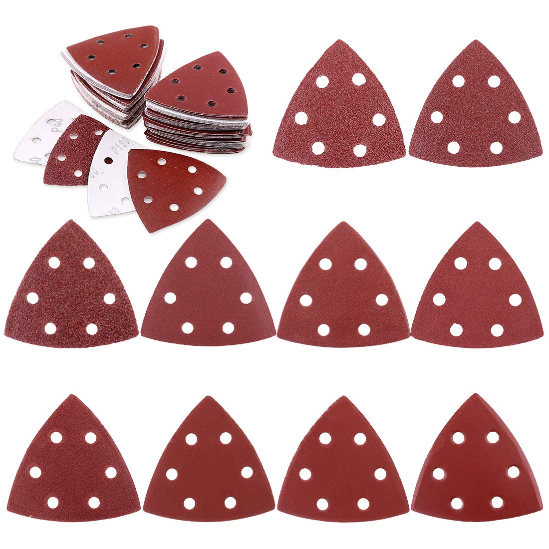 Lot De 100 Papiers Abrasifs Triangulaires De 90 Mm Avec Crochet Et Boucle Assortis 40/60/80/120/180/240/400/600/800/1000 Grains Pour Ponceuse Orbitale Aléatoire (6 Trous)
