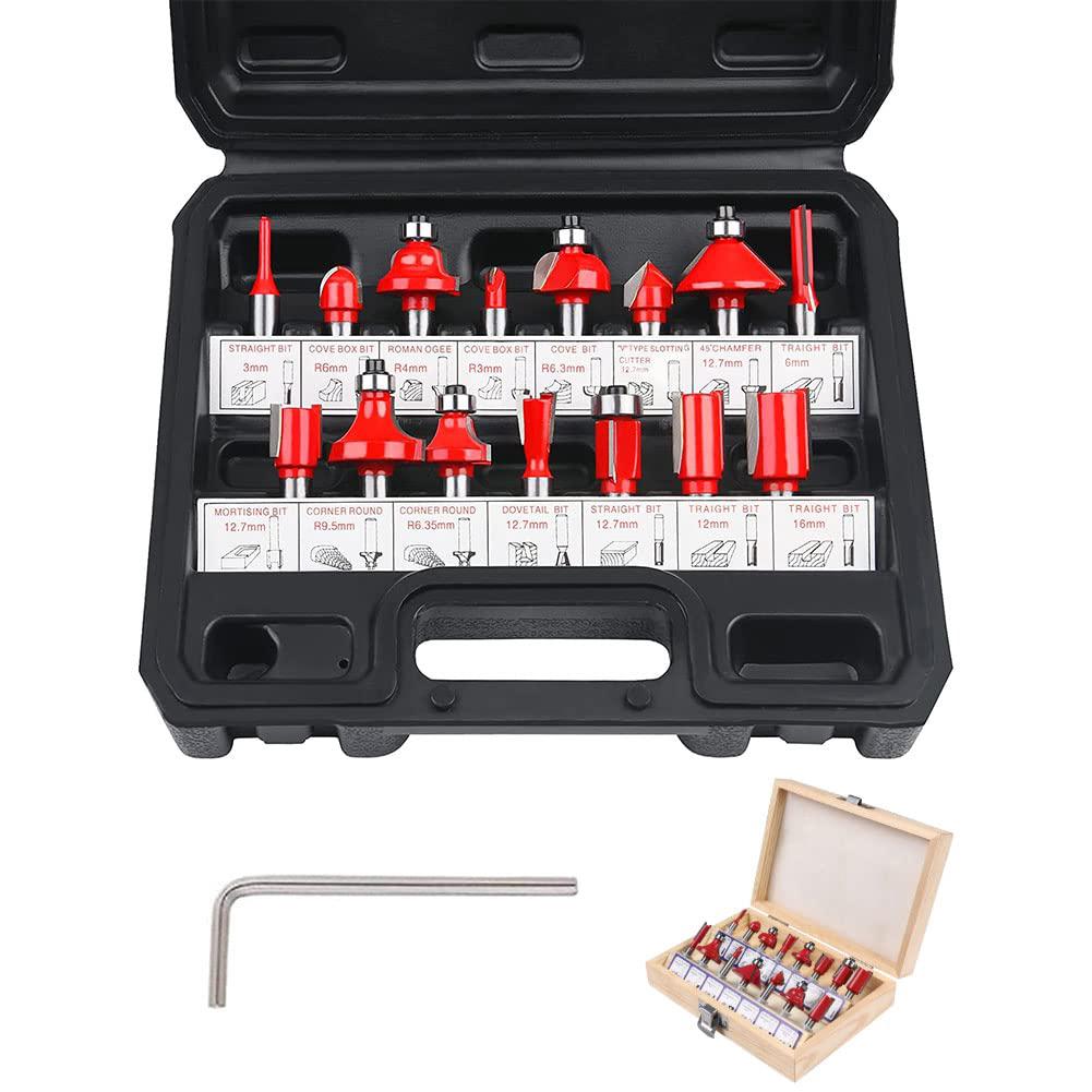 Coffret De 15 Fraises Tige De 6.35mm 1/4" , Coupe-outils Pour Travail Bois À Pointe En Carbure De Tungstène, Tige Forets En Acier Forgé