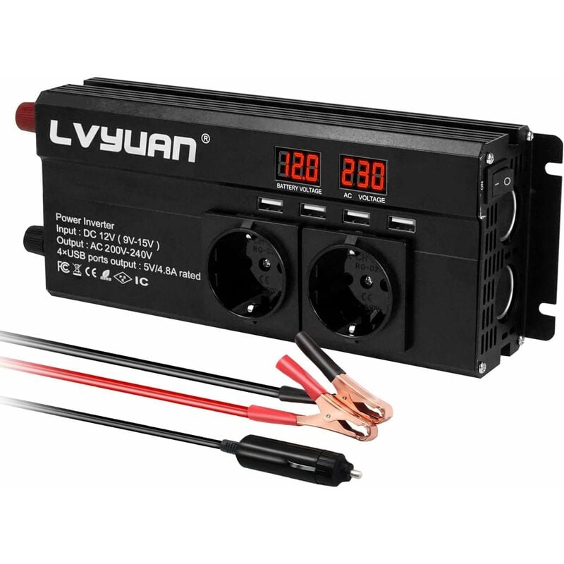 Convertisseur 12v 220v 1500w Onduleur 12v 230v Avec 2 Prises Et 4 Usb Affichage Tension Led