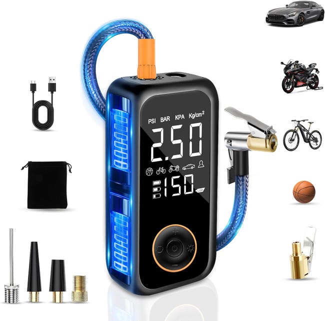 Gonfleur Pneus Voiture Sans Fil,6000mah Mini Compresseur À Air Portatif,150psi Pompe A Velo Electrique Avec Écran Lcd Numérique Et Lampe De Poche Led