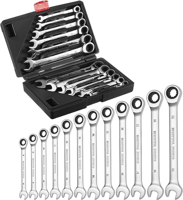 12 Pcs Jeu De Clé Mixte À Cliquet, Clé Plate À Cliquet, Clés Mixtes 8-19 Mm Avec Boîte À Outils, Clé À Cliquet En Chrome Vanadium, 72 Dents