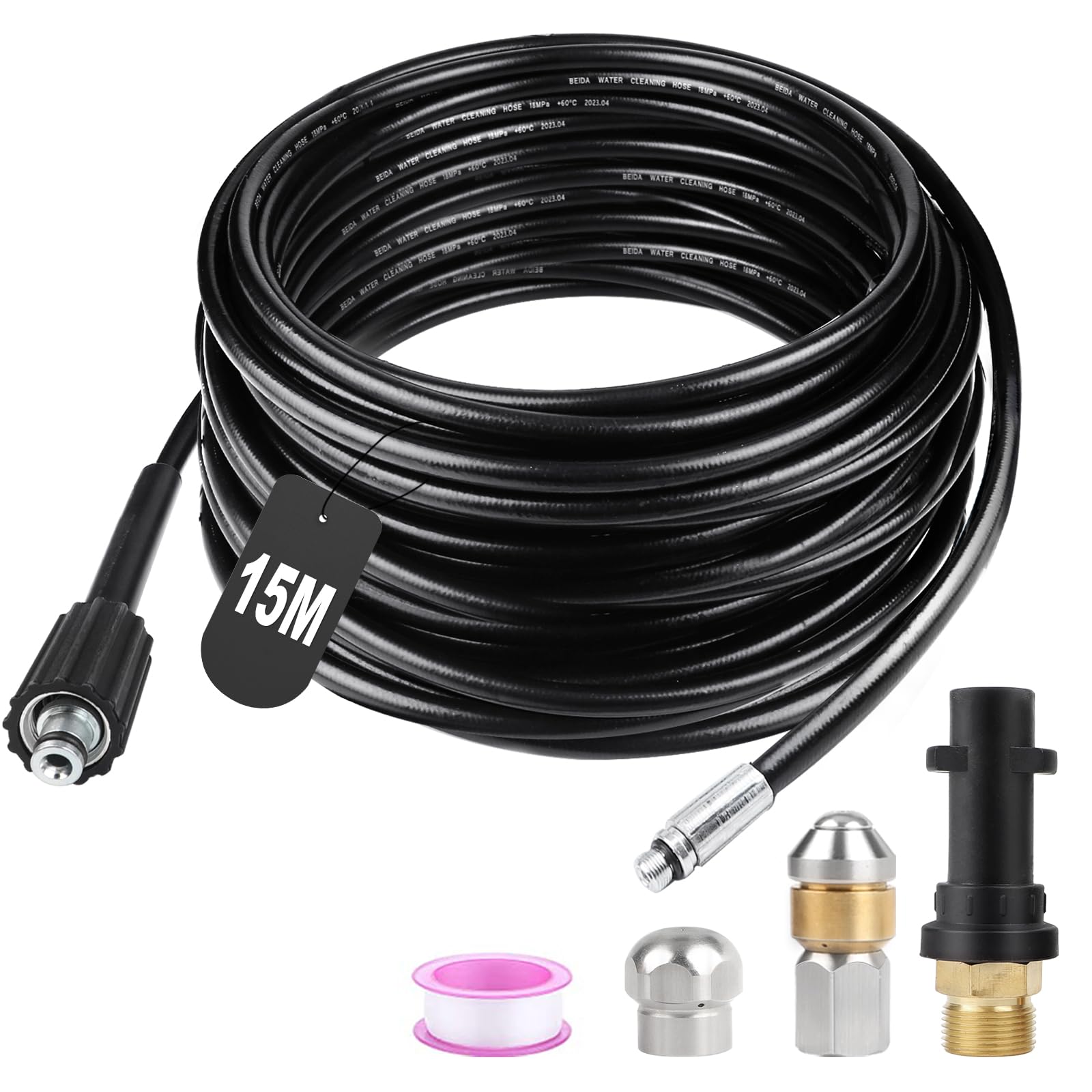 15m Tuyau Déboucheur Canalisation Haute Pression 180bar Flexible Nettoyeur Avec Buse À Jet Et Buse Rotatif, Adaptateurs Pour Kärcher K2 K3 K4 K5 K6 K7