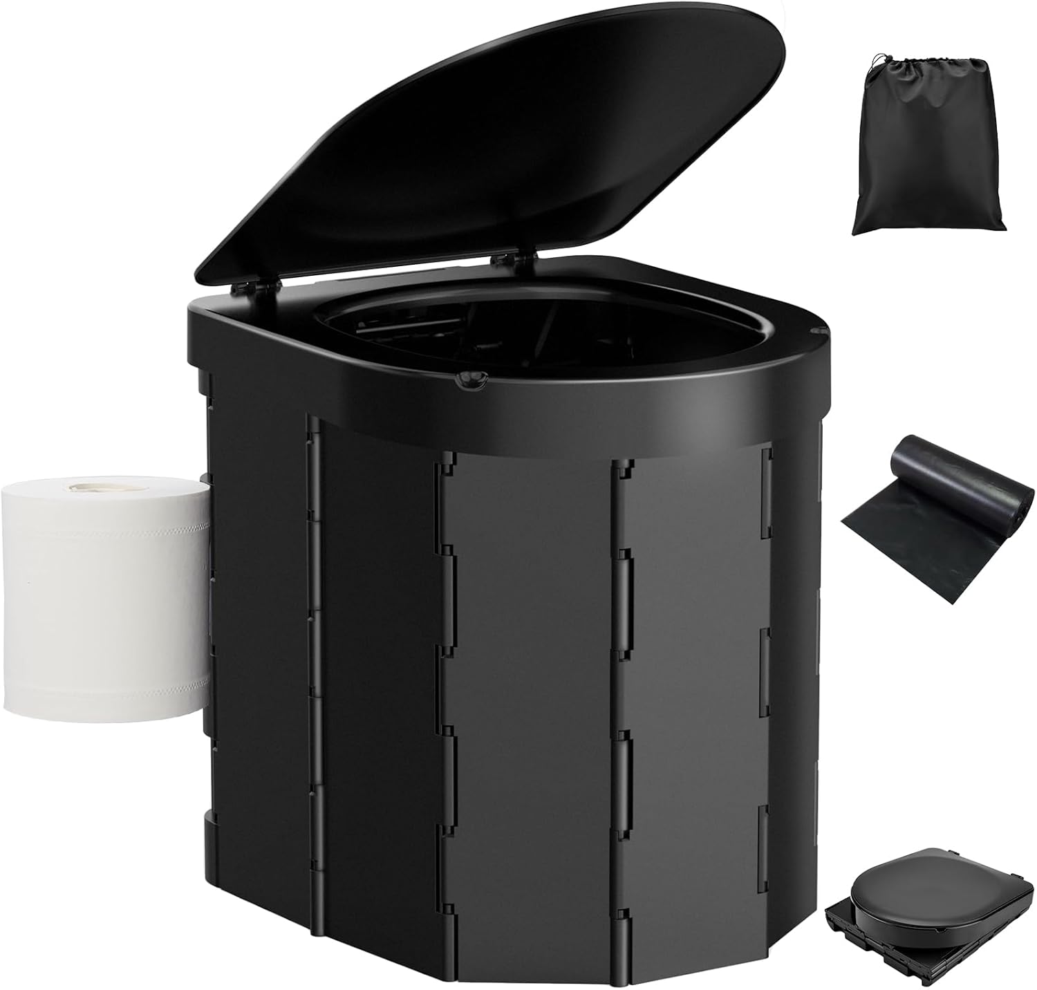 Toilettes De Camping Pliantes Pour Adultes Avec Couvercle Et Porte-papier Toilette Télescopique, Sac De Transport Et Doublure Jetable (noir)