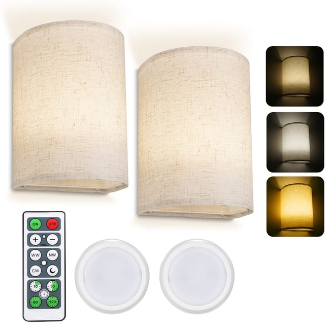 Lot De 2 Appliques Murales Intérieures À Intensité Variable, Applique Murale Rechargeable, Abat-jour En Tissu Beige For Chambre, Salon