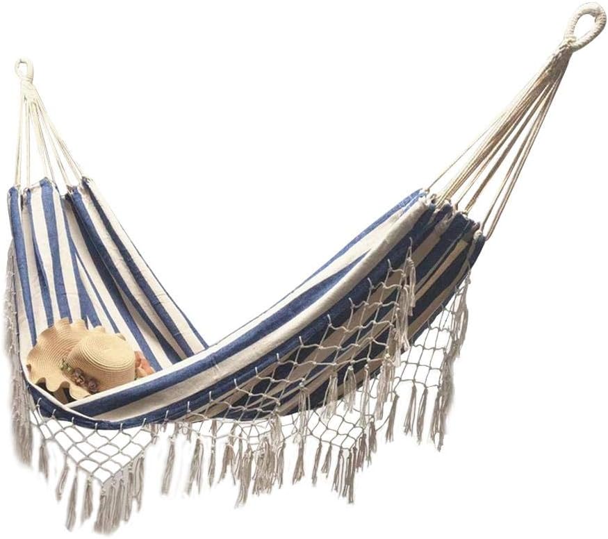 Hamac Double À Rayures De Bohême - Avec Sac De Transport - 200 X 100 Cm - Bleu