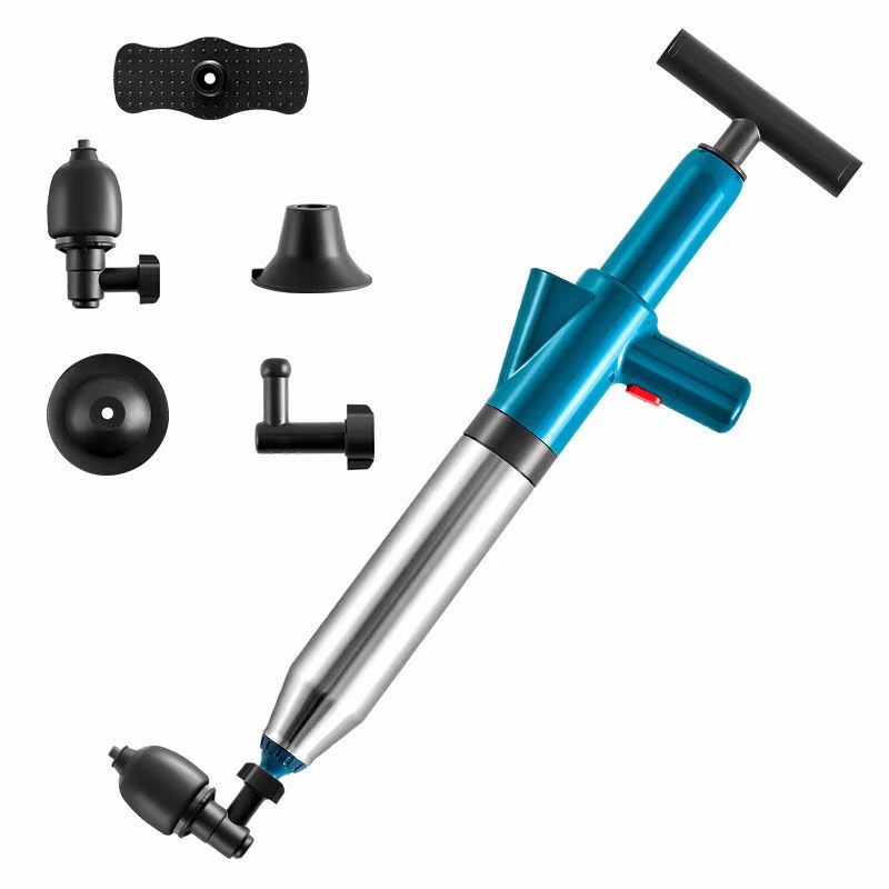 Déboucheur De Toilettes Haute Pression Avec 4 Têtes Remplaçables, Déboucheur De Tuyaux De Toilettes, Drain De Sol D'Évier, Tuyaux Bouchés (bleu)