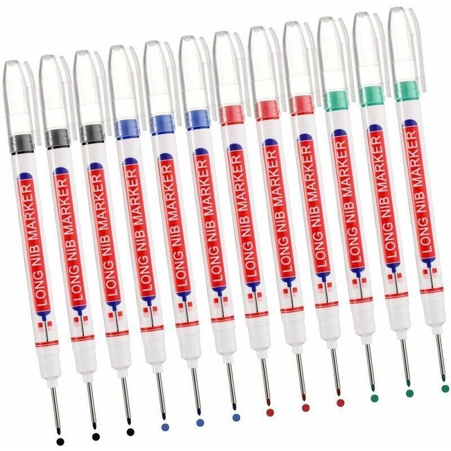 Marqueurs Trou Profond, 12paquets Marqueur Charpentier, Stylo Marqueur Indlbile Pointe Longue De 20 Mm, Marqueur De Precision (noir Bleu Rouge Vert)