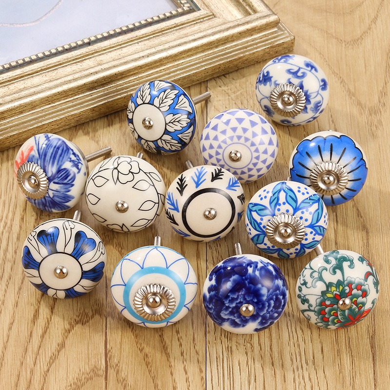 Lot De 10 Boutons De Meuble En Céramique Bleu & Blanc – Poignées Pour Tiroirs, Portes De Placard & Armoires De Cuisine – Style Vintage Décoratif