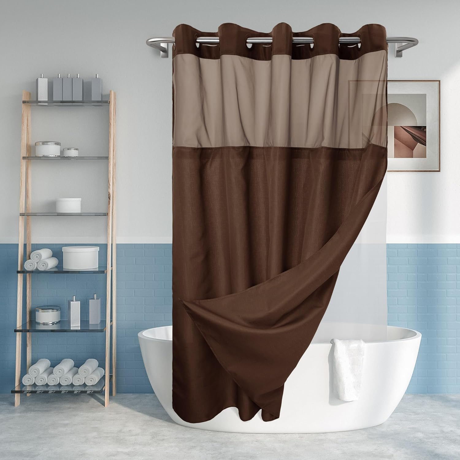 Rideau De Douche, Sans Crochets, 180 X 188 Cm , Fenêtre Supérieure Transparente, Lavable En Machine, Imperméable, Marron