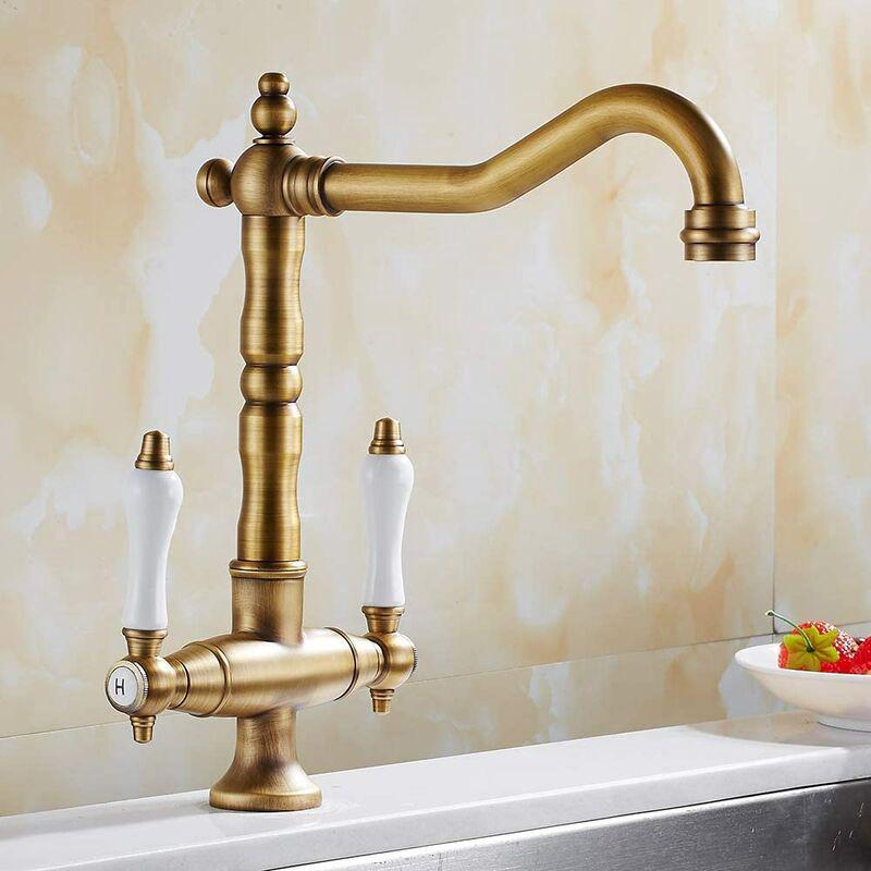Robinet Mitigeu Cuisine Vintage Robinet De Lavabo Rétro 2 Poignées Réglable Chaude Et Froide Rotatif 360° Bronze