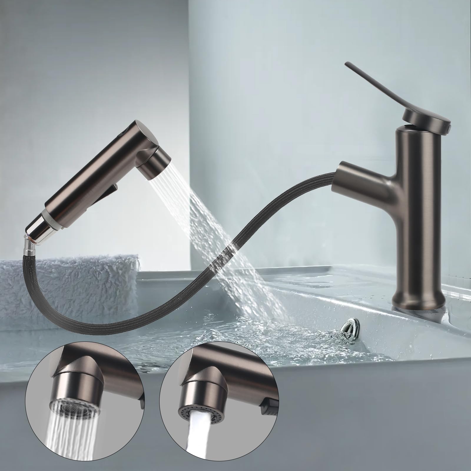 Robinet Salle De Bain Avec Douchette Extractible Mitigeur Lavabo A 3 Modalità Cartouche Monocommande Miscelatore Eau Chaude Et Froide En Céramique Blanc/gris/argenté/noir (gris Foncé)