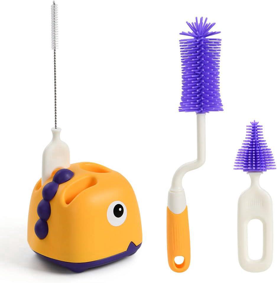 Ensemble De Brosses Pour Bébé (jaune) 4 En 1 : Brosse De Nettoyage Pour Bébé, Brosse De Nettoyage En Silicone Pour Biberons, Avec Support De Rangement.