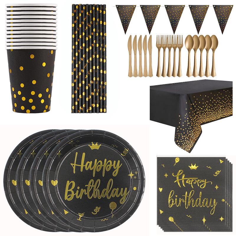 Vaisselle D'Anniversaire Noire Et Dorée, Assiettes Et Gobelets En Carton Pour 20 Invités, Idéale Pour Les Fêtes, Mariages, Remises De Diplômes Et Halloween.